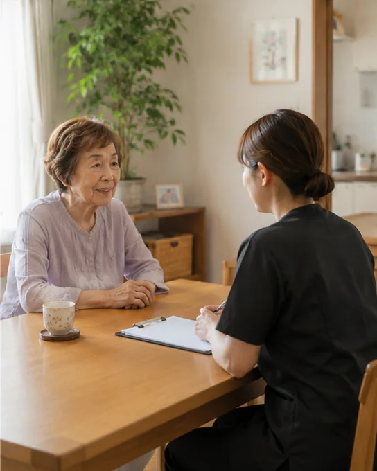 自宅の食卓で、訪問看護師が高齢の女性の話を聞いているイメージ（AI生成）